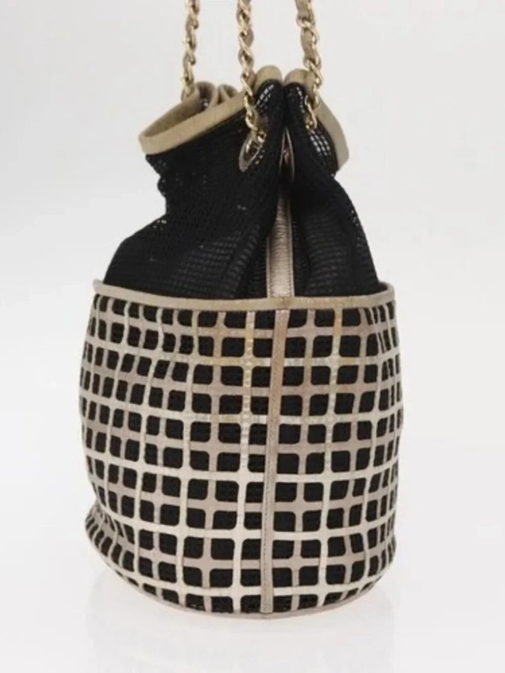 CHANEL Chain Shoulder Bag Nylon Leather Black Gold CC Auth bs32086